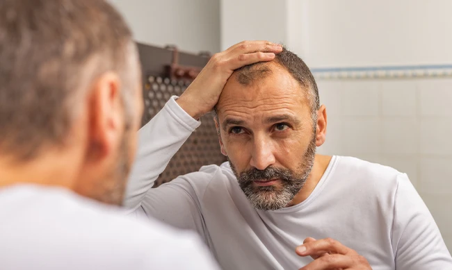 Mature Man Looking In the Mirror Concerned About Hair Loss